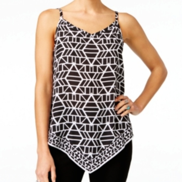 INC International Concepts Tops - INC Asymmetric Hem Top Black White Print 14